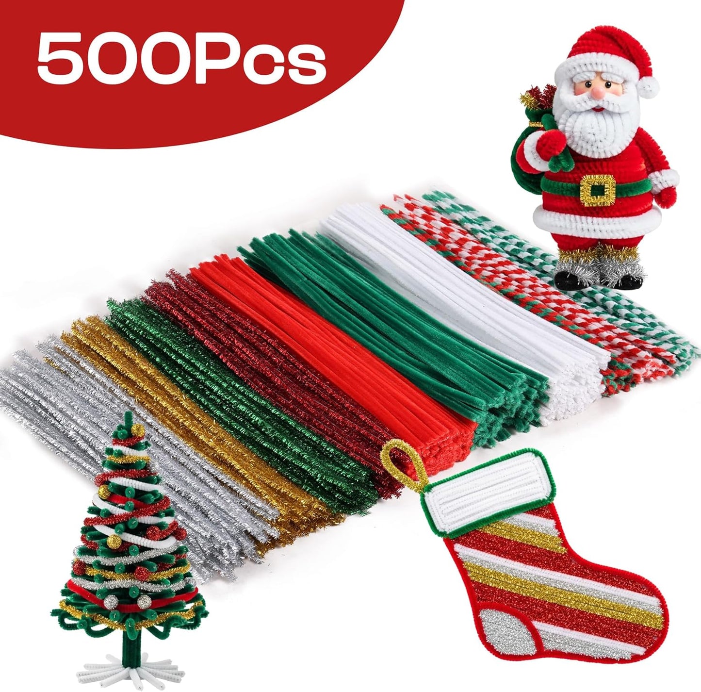 Caydo 500 Pieces Christmas Pipe Cleaners, Chenille Stems, Pipe Cleaner Crafts for DIY Art and Craft Projects Creative Gift Party Decorations