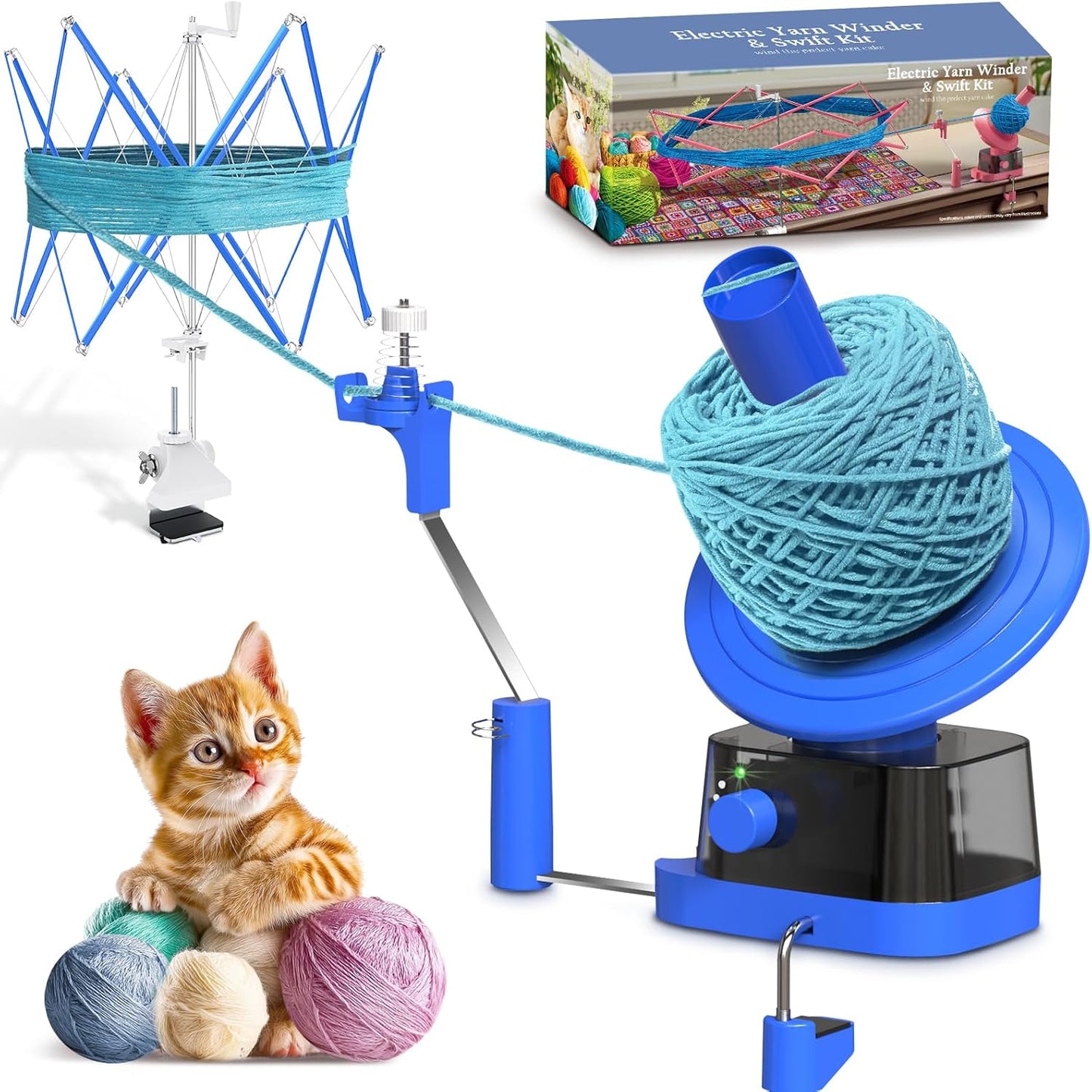 Yarn Winder and Swift, Electric Yarn Ball Winder & Swift Combo for Crocheting, Efficiently Cake with Strong Tension Adjustable Speed Up to 13 oz, Yarn Spinner Wool for Knitting Enthusiast (Blue)