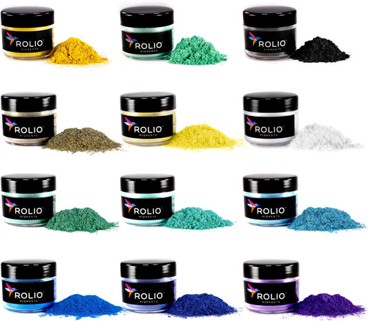 Rolio Mica Powder Pearlescent Color Pigment - 12 Jars for Resin Epoxy, Soap Making, Nail Polish, Lip Gloss, Eye Shadow, Bath Bomb, Slime & Candle - 10g Each (Summer Mountains)