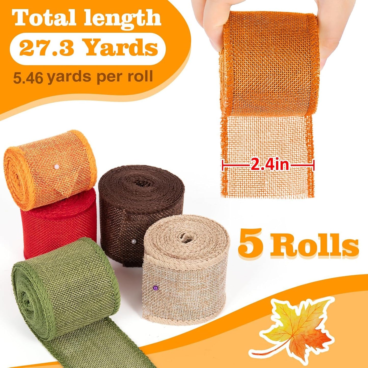 5 Colors Wreaths Burlap Ribbon - Total 27.3yards Fall Wired Edge Ribbon for Gifts Wrapping Bows Rustic Crafts Supplies Weddings Holiday Christmas Xmas Decorations (2.4in Wide)