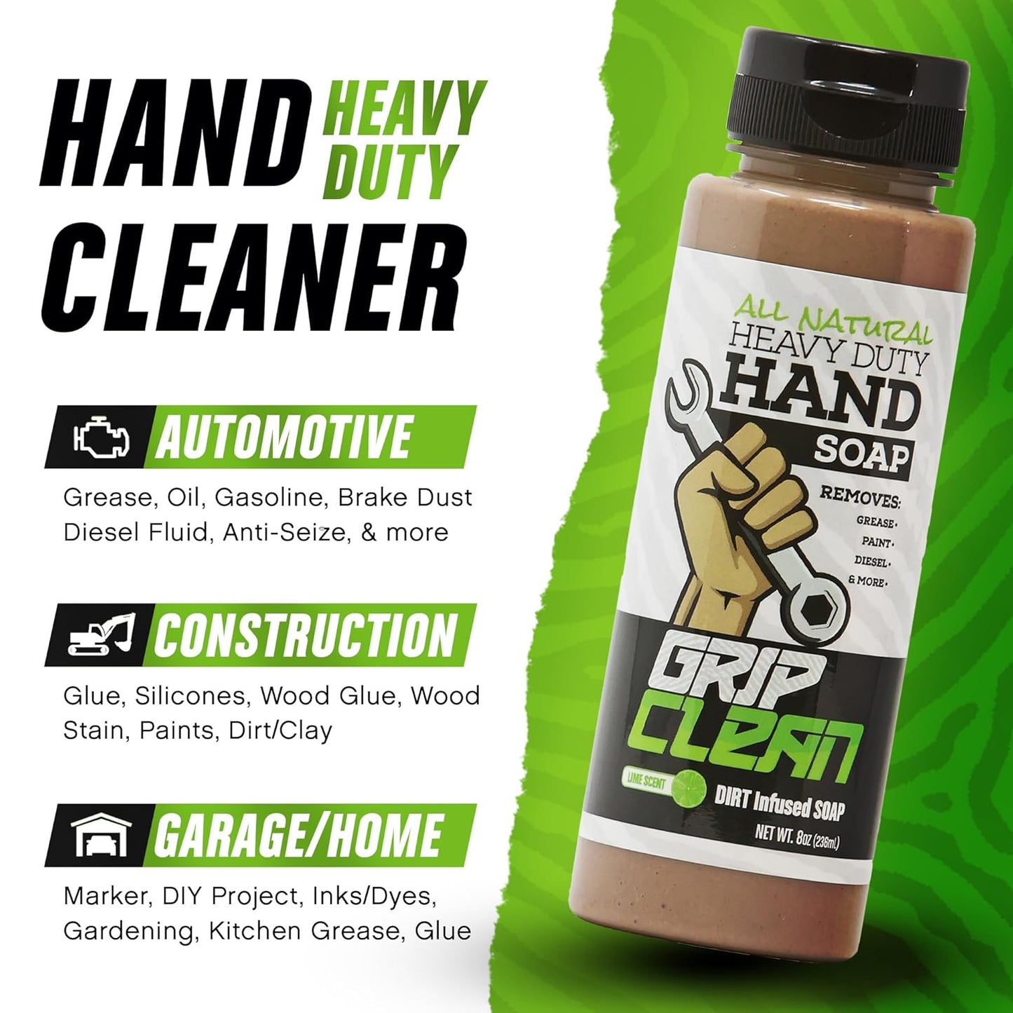 Grip Clean Heavy-Duty Hand Cleaner for Mechanics with Nail Brush - Moisturizing Coconut Oil Hand Cleaner Liquid Hand Soap with Stiff Bristle Nail Brush, Lime Scent – 8 Fl Oz Squeeze Bottle + Brush