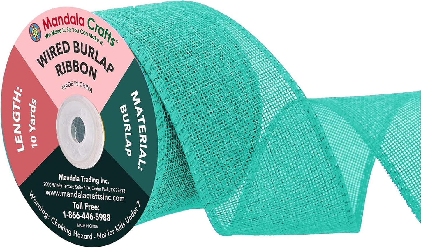 Mandala Crafts Turquoise Burlap Wired Ribbon 2.5 Inches Wide Jute Ribbons for Crafts - 10 Yds Roll Rustic Burlap Wrap Trim Ribbons for Wreaths Bows Party Decoration