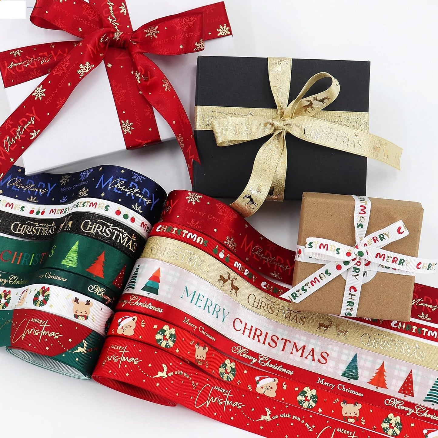 Christmas Gift Wrapping Ribbon, Red, Green, 2 Rolls Printed Grosgrain Ribbons for Crafts, Floral Bouquets, Sewing, Party and Festive Holiday Decor (2 Rolls(Blue/Red), 1 Rolls=1in * 5Yards)