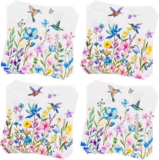 Cocktail Napkins 80 Pack 2 Ply Floral Beverage Luncheon Dinner Paper Napkins Flower Print Disposable Napkins for Wedding Anniversary Celebrations, 5X5 Inches Folded