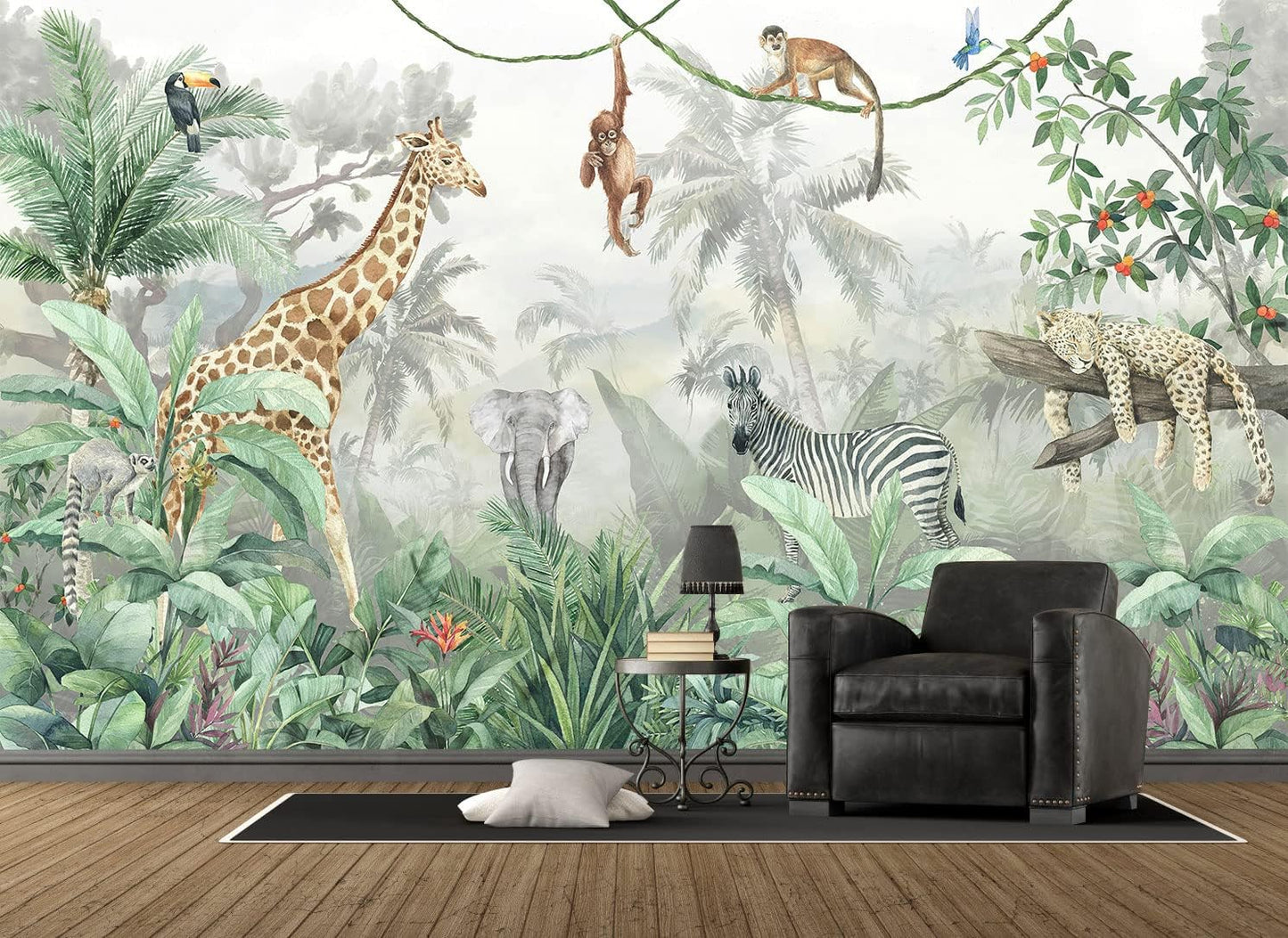 Kids Wallpaper Tropical Leves and Safari Animals Wall Mural for Wall Bedroom Living Room TV Background Sofa Wall（Not Peel and Stick）