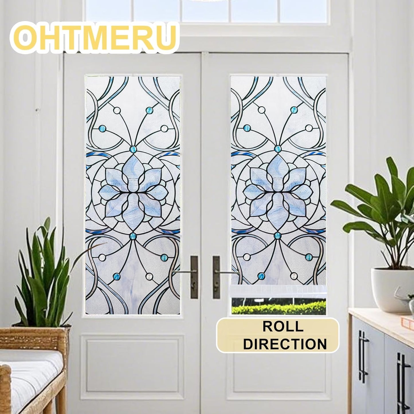 3D Stained Glass Window Privacy Film, Heat Control UV Blocking Static Cling Decorative Window Film for Bathroom,Front Door,Home Non Adhesive,35.4 x 78.7 inches Azure Bloom