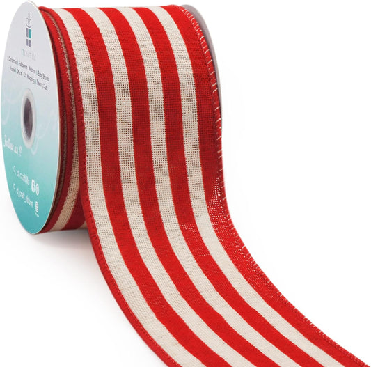 CT CRAFT LLC Striped Canvas Cotton Ribbon 2.5" x 10 Yards Ivory/Red Stripes for Thanksgiving Christmas Home Décor Gift Wrapping Outdoor Tree Topper Bow Wreath