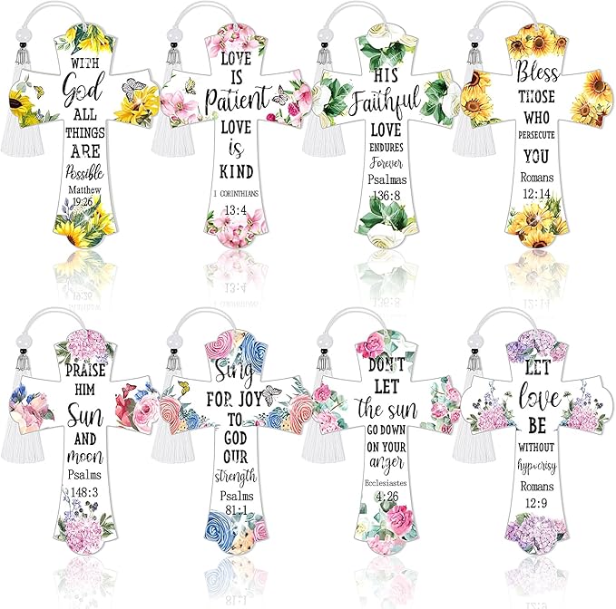 8 Pieces Christian Bible Verse Diamond Art Bookmarks 5d Christian Beaded Bookmark Acrylic Tassel Bookmark for DIY Making Beginners Kids Adults Arts Craft Supplies (Floral)