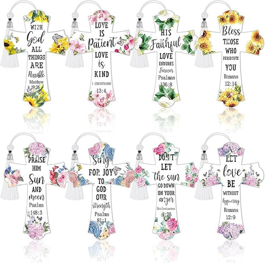 8 Pieces Christian Bible Verse Diamond Art Bookmarks 5d Christian Beaded Bookmark Acrylic Tassel Bookmark for DIY Making Beginners Kids Adults Arts Craft Supplies (Floral)