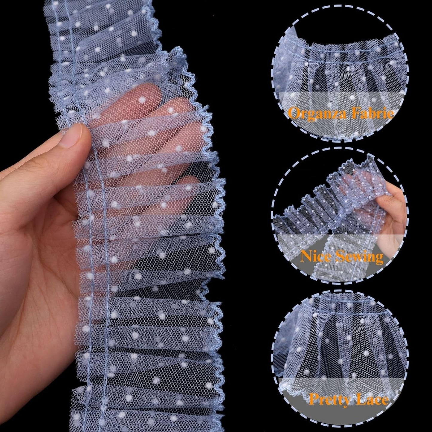 Dots Lace Ruffle Trim for Sew, Crafts 2.4" x5yd Single Layer Pleated Edge Lace Ribbon (Blue)