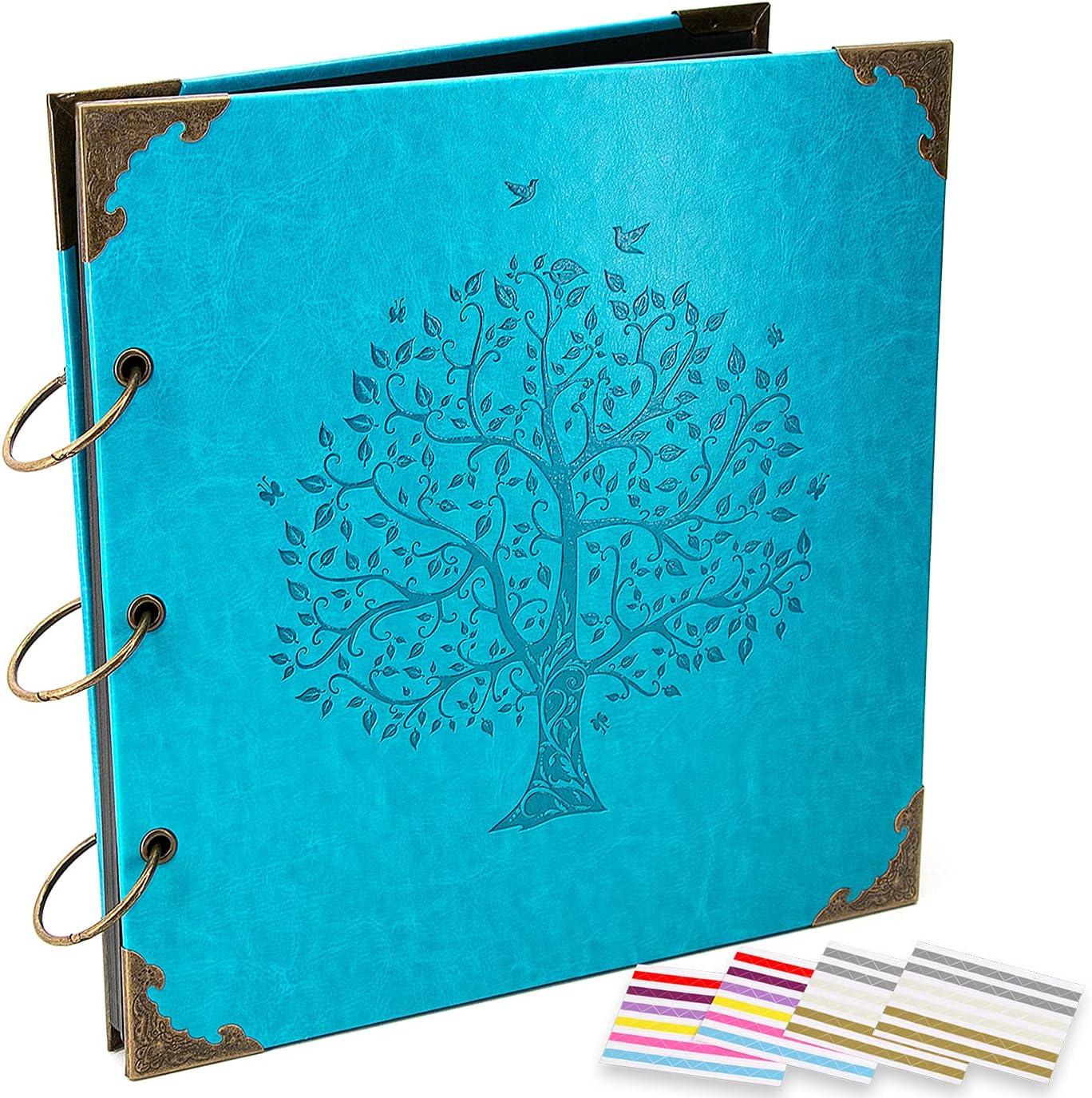 Photo Album DIY Scrapbook, 10x10 inch 50 Pages Vintage Leather Cover Three-Ring Binder Picture Booth Albums + 9 Colors 408pcs Self Adhesive Photos Corners for Memory Keep (Family Tree, Cyan)