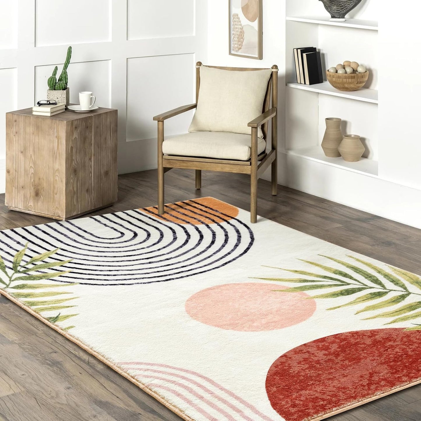 RoomTalks Boho Cute 3x5 Small Area Rugs Washable, Modern Abstract Geometric Shape with Tropical Leaves Non Slip Throw Rugs for Bedroom Kitchen Entryway Indoor Botanical Accent Carpet