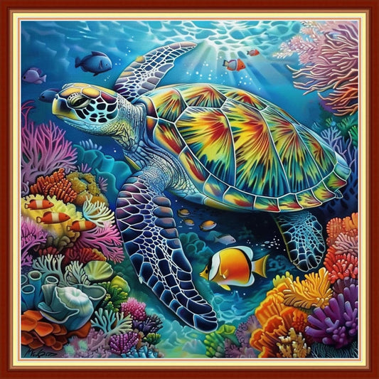 Joyhoor Stamped Cross Stitch Kits for Beginners, Needlepoint Kits for Adults, 11CT Counted Embroidery Kits-Turtle Coral 18x18 inchs