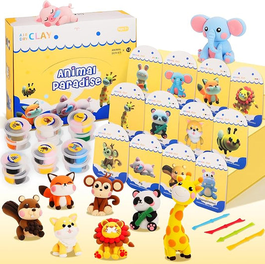Air Dry Clay for Kids,12 Animal Modeling Clay for Kids,Arts and Crafts,Non-Toxic Air Dry Clay Animal Kit with Sculpting Tools, DIY Christmas Gift for Girls and Boys Christmas Crafts