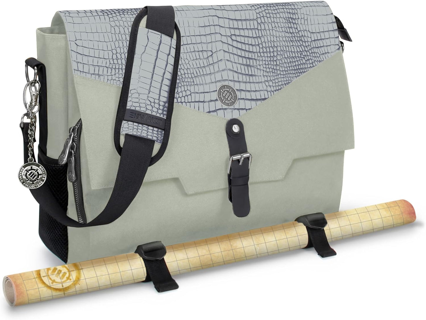 ENHANCE Collector's Edition RPG Player's Essentials DnD Bag - Dragon Hide Exterior Messenger Bag Fits 2-4 Books, Binders, Dice & Accessories, with 17 inch Laptop Slot, Battlemap Straps (Dragon Silver)