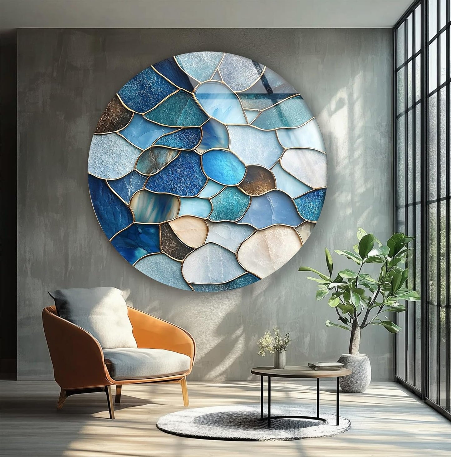 My Photostation.com 27.5''(70cm) Diameter Coastal Blue Stone Mosaic Round Glass Wall Art Tempered Glass Printing Wall Decor Large Wall Art Wall Hangings