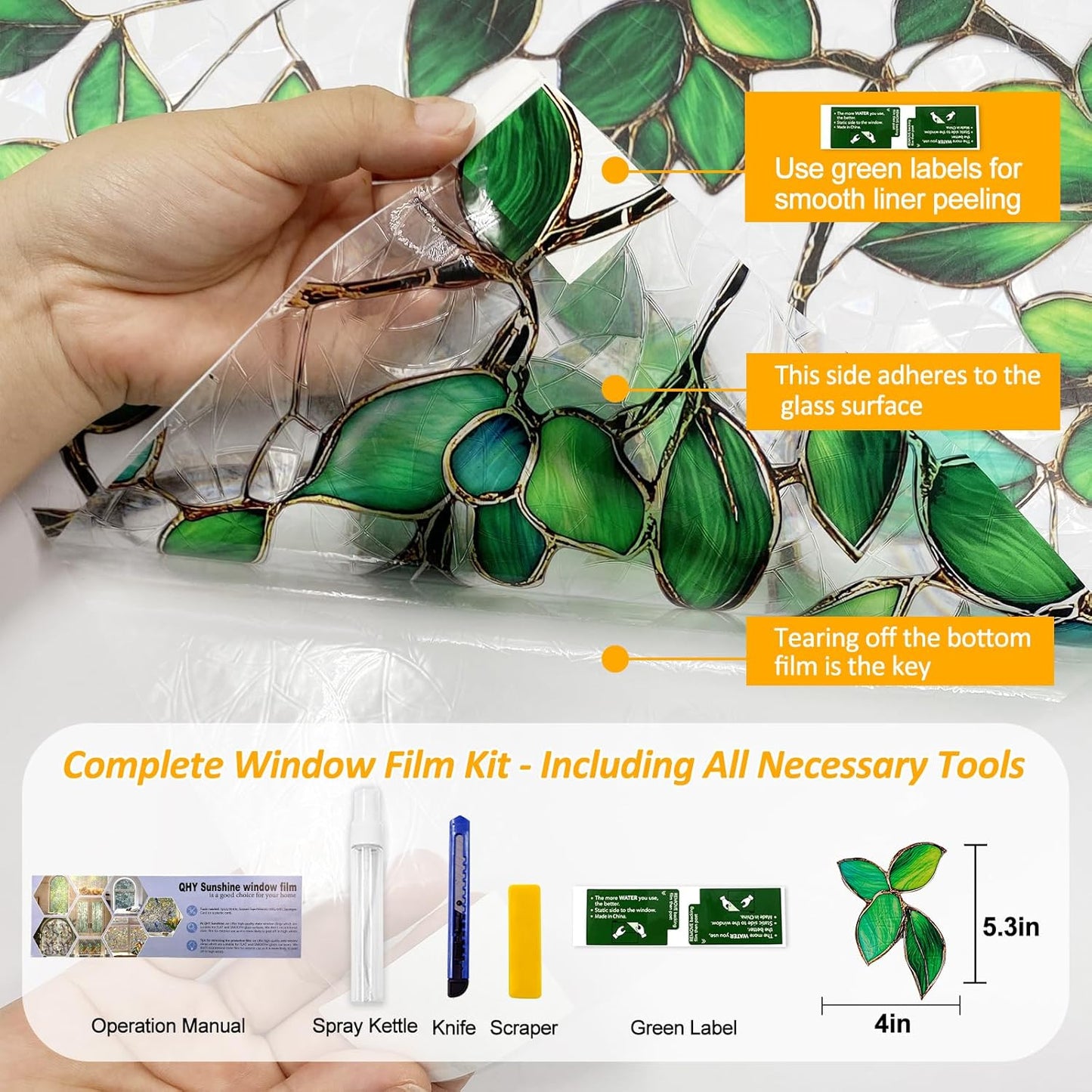 Stained Glass Window Privacy Film Decorative Rainbow Static Clings – Ideal for Home & Office, Adhesive-Free, Removable, UV-Blocking (Green Rainbow, 23.6 X 78.7 in)