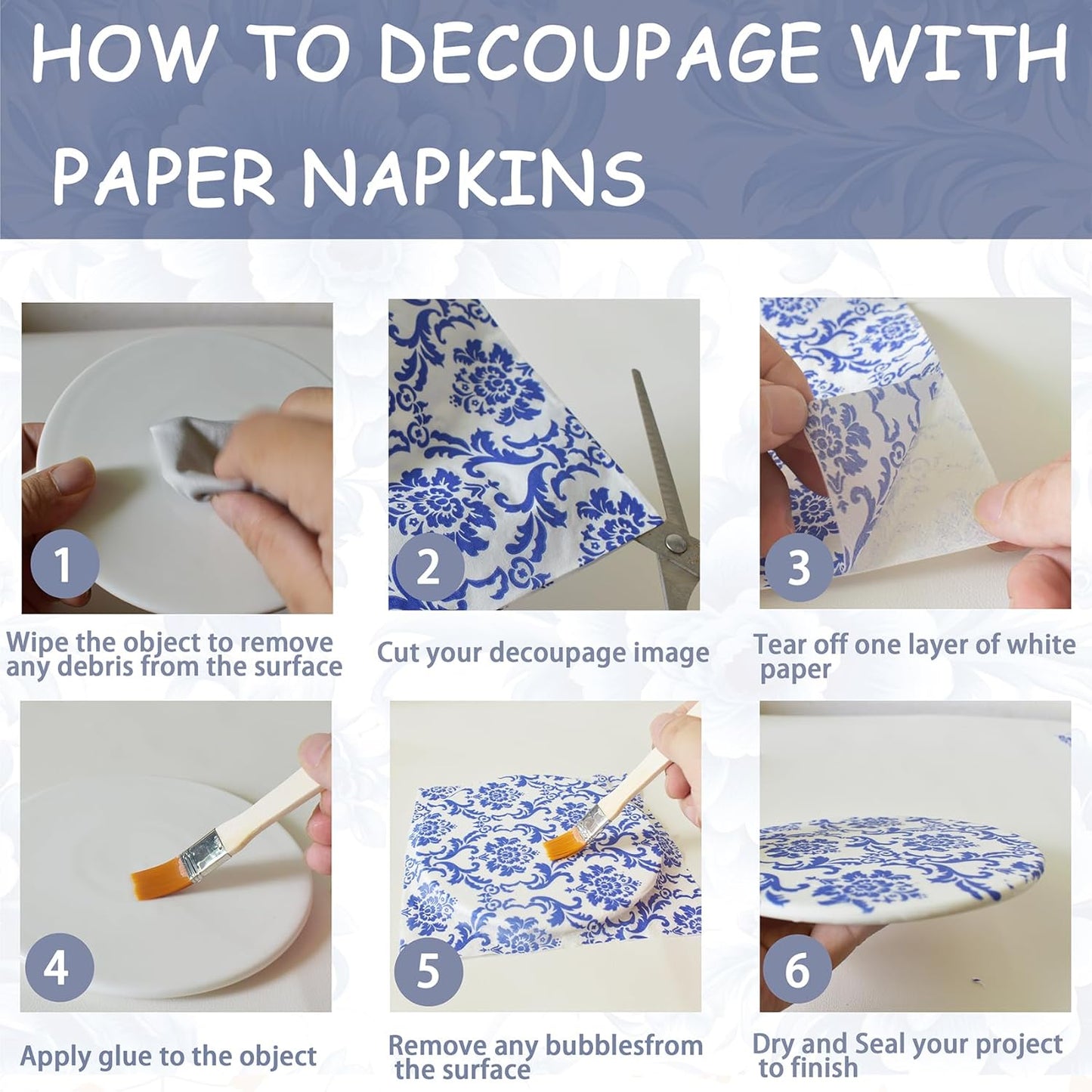 Decoupage Napkins Assorted Floral 27 Pack 9 Styles for DIY Crafting Birthday Party ， Decorative Decoupage Napkins Cocktail Paper ，Each Unfolded 13 Inch (Blue Floral)