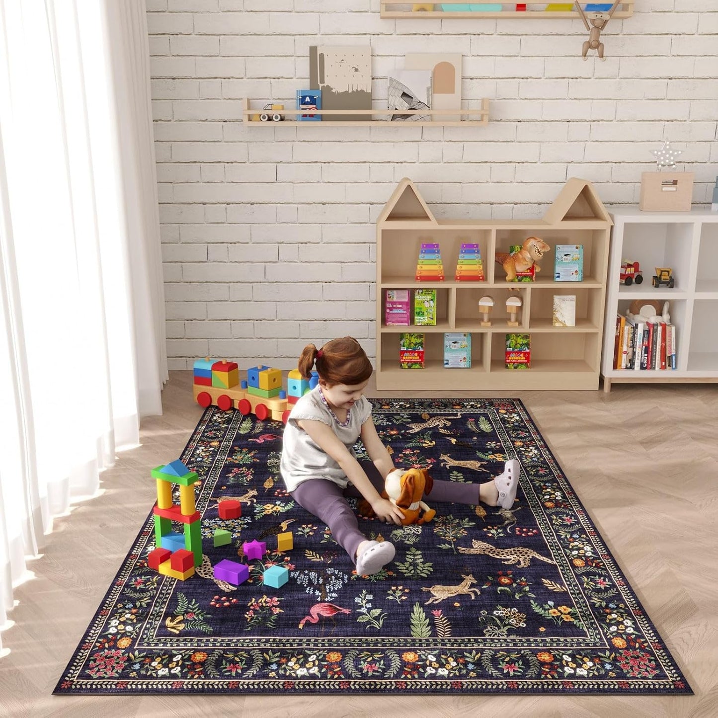 Rugcomf Area Rug 4x6 Rug Washable Boho Rugs Non Slip Low Pile Floral Animal Small Carpet for Bedroom, Bedside, Kids Room, Office, Dining Room (Blue)