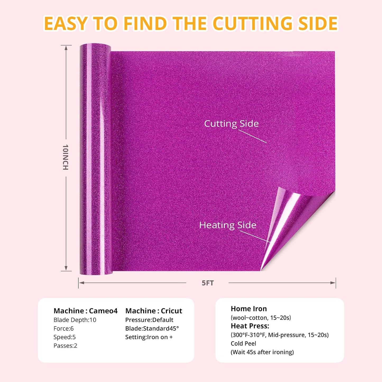 HTVRONT Purple Glitter Heat Transfer Vinyl - 10" x 5FT Glitter HTV Vinyl for T-Shirts, Iron on Vinyl for All Cutter Machines, SG-HTV-0466-E