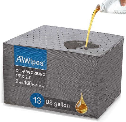 AAwipes Oil Absorbent Pads Universal for All Liquids Oil Spill Control Oil Absorbing Sheets for Garage Grey 100 Pack 15" X 20" OG1520-100