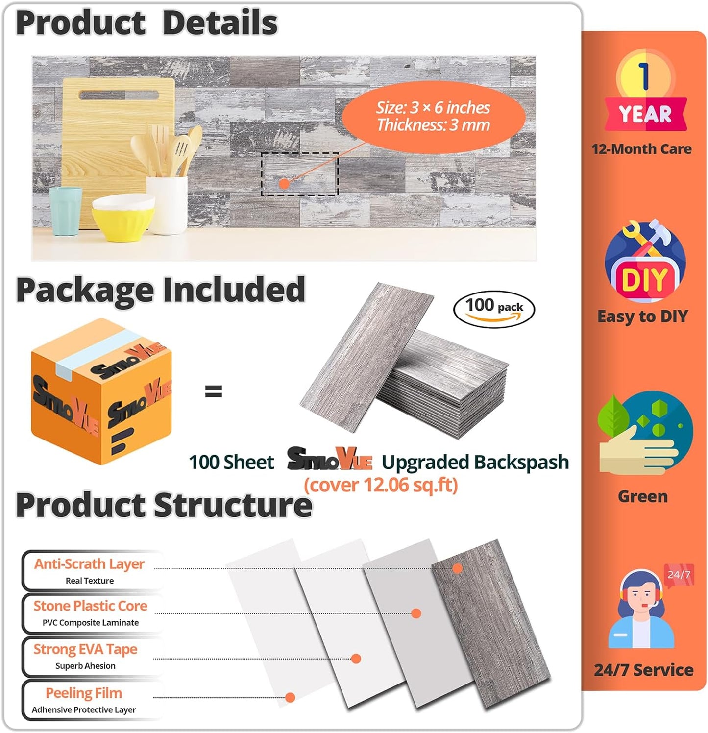 100 Pieces Peel and Stick Backsplash for Kitchen, 3" x 6" PVC Subway Tile Upgraded Distressed Wood Backsplash Stick on Tile Elevate Kitchen, Bathroom, Fireplace,RV