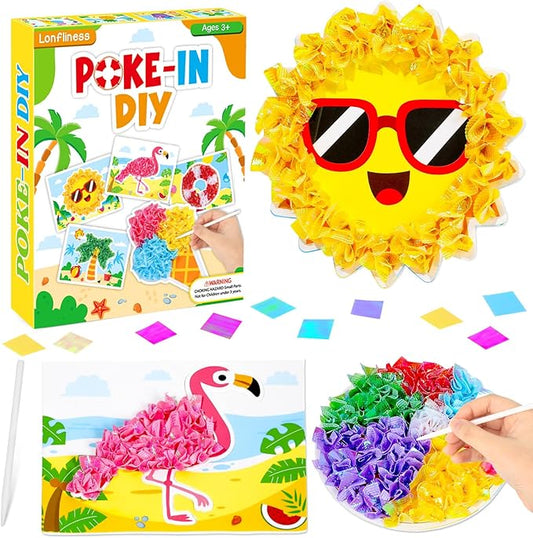 8PCS Poke-in Craft and Art Kit Summer Theme No-Mess Fabric Sewing Art Puzzle Puncture Painting DIY Beach Hawaiian Toy Gift for Creative Activity Game Birthday Party