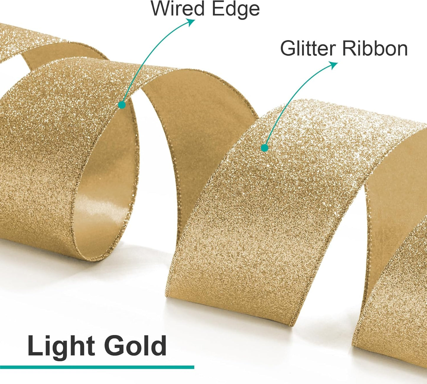 CT CRAFT LLC Glitter Wired Ribbon 1.5" x 10 Yards Light Gold for Christmas Home Decor Bow Gift Wrapping DIY Crafts Wreath