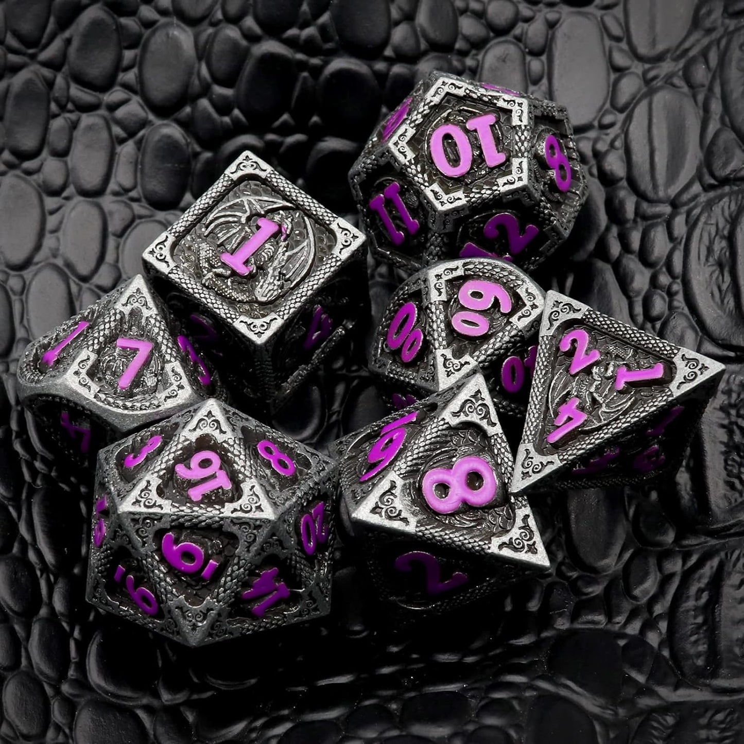 Haxtec Metal DND Dice Set Black Purple Dragon Pattern D&D Dice Set with Leather Dice Bag Metal Polyhedral Dice Compatible with Dungeons and Dragons TTRPG Gifts