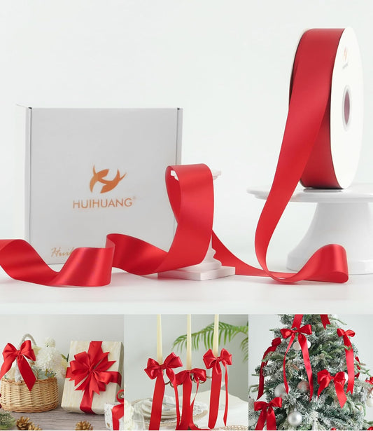 HUIHUANG Red Satin Ribbon 1-1/2 inch x 100 Yards Red Color Double-Faced Satin Ribbon for Christmas Gift Wrapping, Flower Bouquet, DIY Crafts, Bows, Valentine's Day Weddinbg Decor