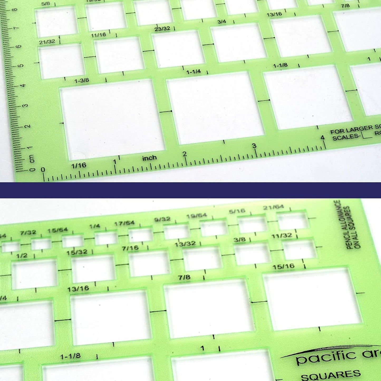 Pacific Arc Squares Template Guide, 39 Squares ranging from 1/16 inch to 1 and 3/8 inch