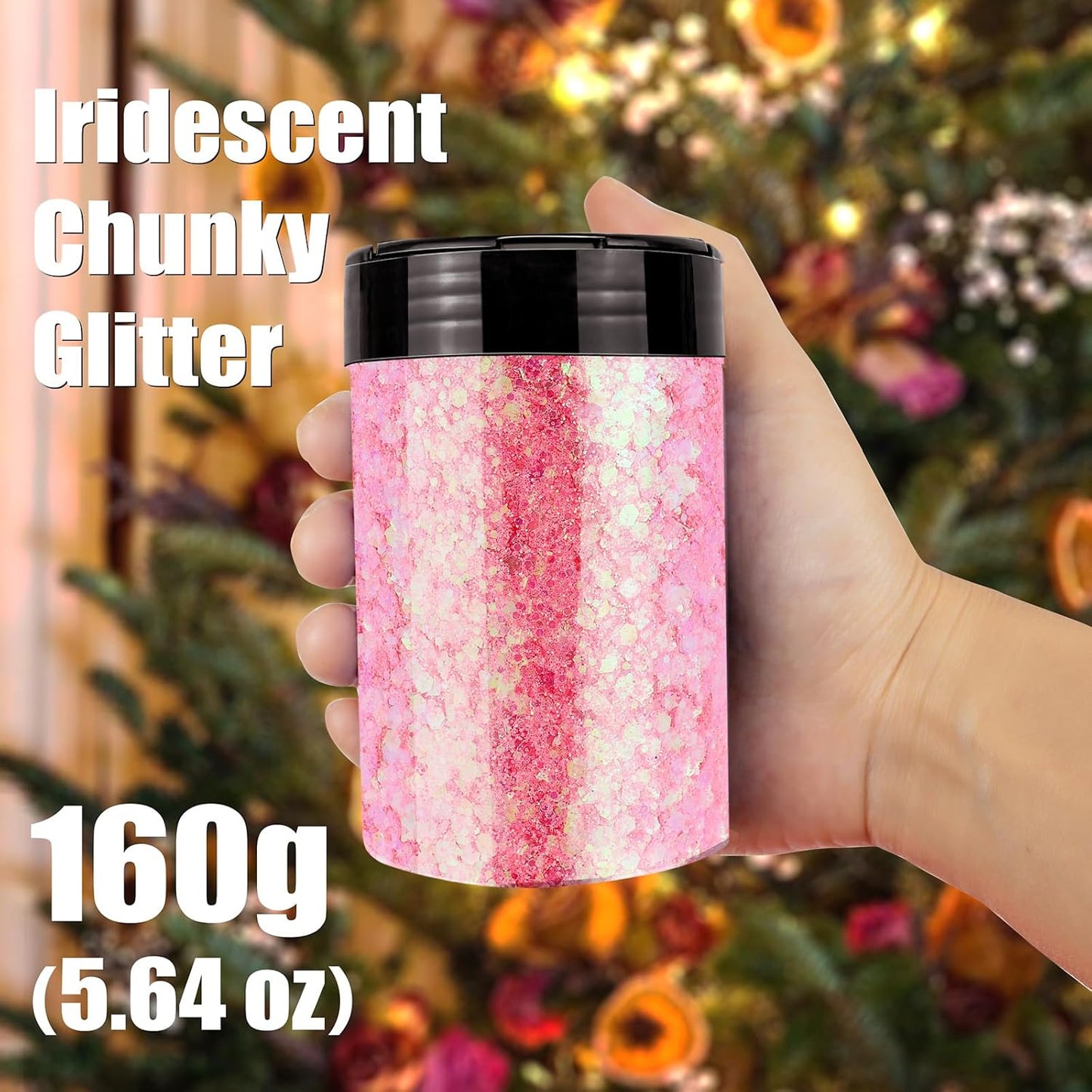 Iridescent Chunky Glitter 5.64oz/160g, Ultra Fine Glitter Powder Mixed Chunky PET Flakes Sequins for Resin Epoxy Craft Arts, Tumbler, Cosmetic Glitter for Body Nail Hair Eye Party Festiva (Disco Pink)