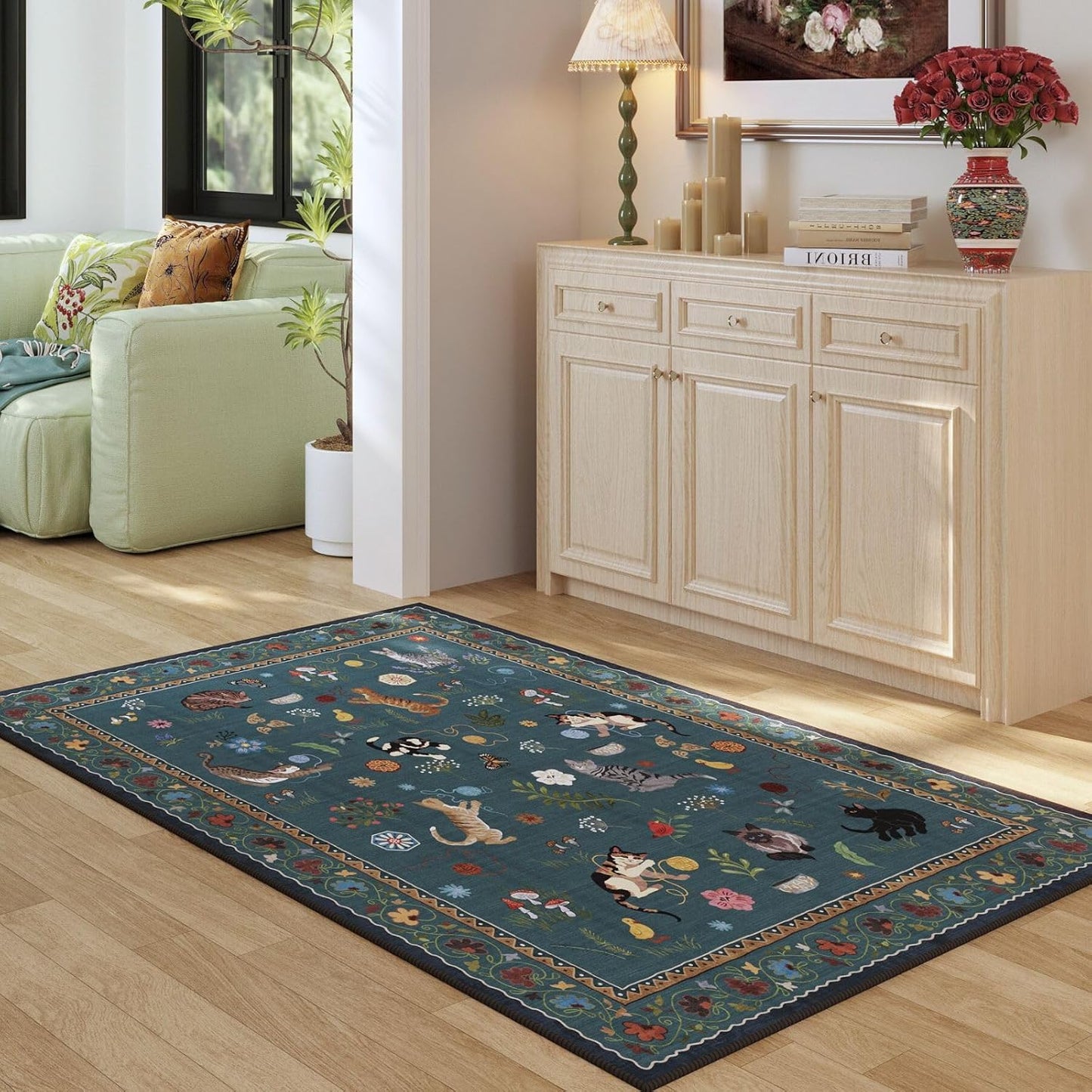 Rugcomf Bedroom Rug 3x5 Rug Washable Area Rug Non Slip Low Pile Boho Floral Animal Cat Small Carpet for Bedside Kitchen Entryway Kids Room Office College Dorm Essentials for Girls, Pearl Gentian Blue