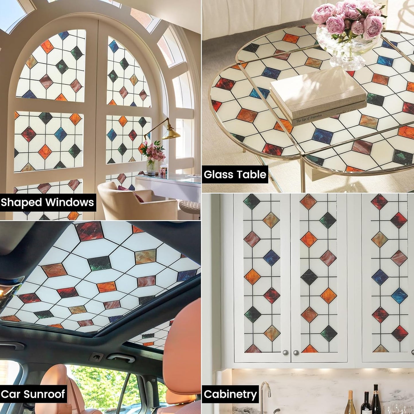 DKTIE Stained Glass Window Film Geometric Patterns, Fine Frosted Window Clings for Glass Windows, Waterproof for Bathroom Window Privacy Film Day and Night (S533, 17.7in X 78.7in)