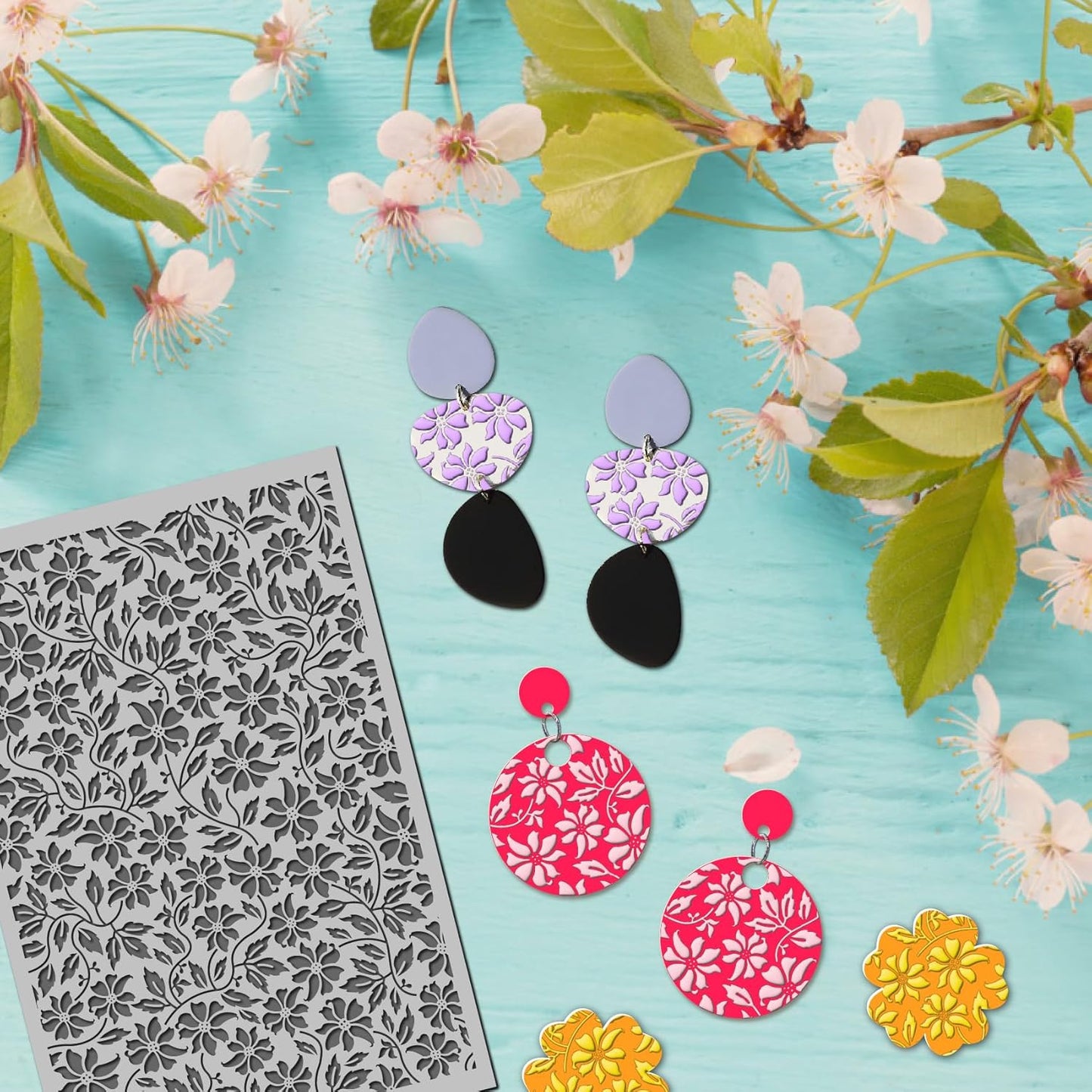 Arbuya Flowers Polymer Clay Texture Mat - Flowers Leaves Leaves Texture Sheet for Polymer Clay Jewelry Making, Earring Charms, DIY Craft Supplies