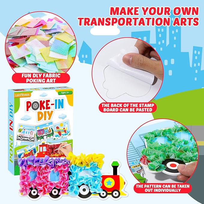 8PCS Poke-in Craft and Art Kit Transportation Vehicle Theme No-Mess Fabric Sewing Art Puzzle Puncture Painting Truck Car Toy Gift Creative Activity Game Birthday Party