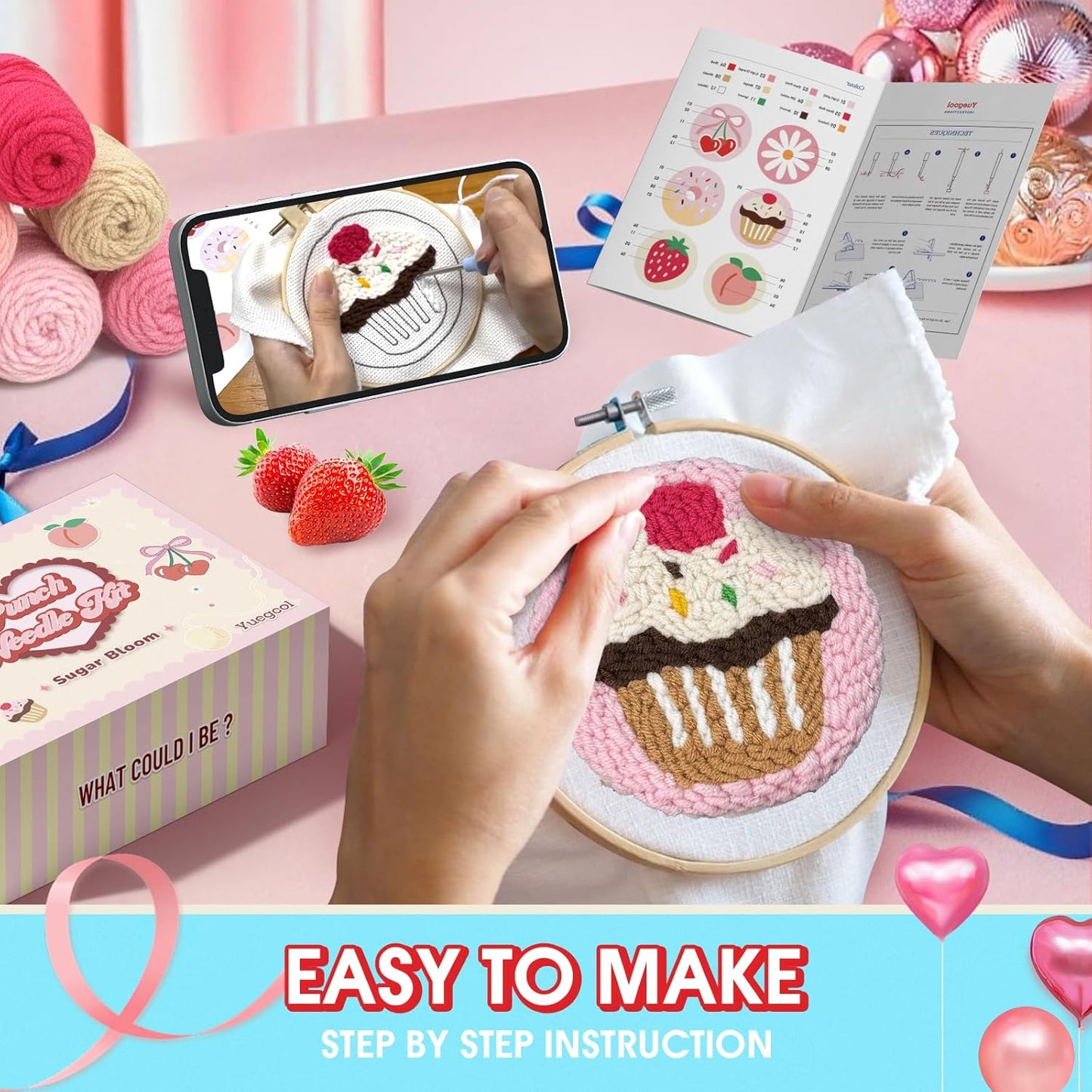 yuegool 6PCS Punch Needle Coaster Kit,Easy DIY Embroidery Set for Beginners, Kids & Adults with Patterns, Tools, Yarns, Hoop, Instructions & Coaster Holder