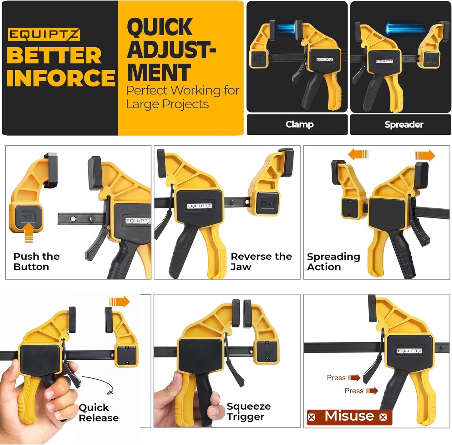 6 Pack Bar Clamps for Woodworking – 2 Pcs 12" & 4 Pcs 6" Quick Grip Clamps Set with 150 lbs Force – Wood Clamps for Gluing, Carpentry, DIY, and Metalworking (Combo Sizes, 6 Pack)