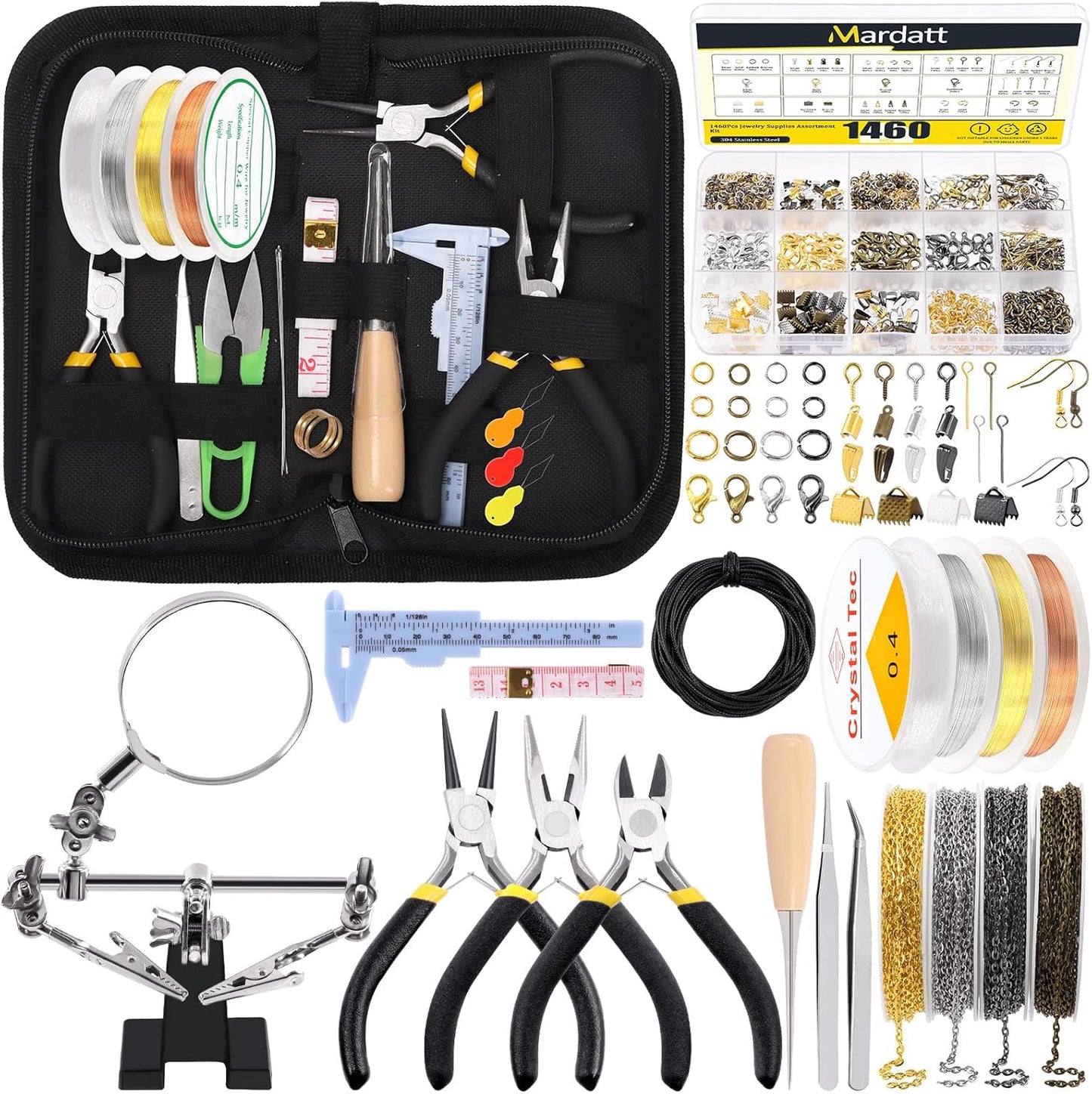Mardatt 1488Pcs Jewelry Making Supplies Kit - Magnifying Glass, Pliers, Wires, Chain, Jump Ring Opener, Tweezers