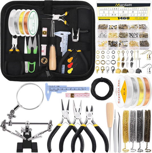 Mardatt 1488Pcs Jewelry Making Supplies Kit - Magnifying Glass, Pliers, Wires, Chain, Jump Ring Opener, Tweezers