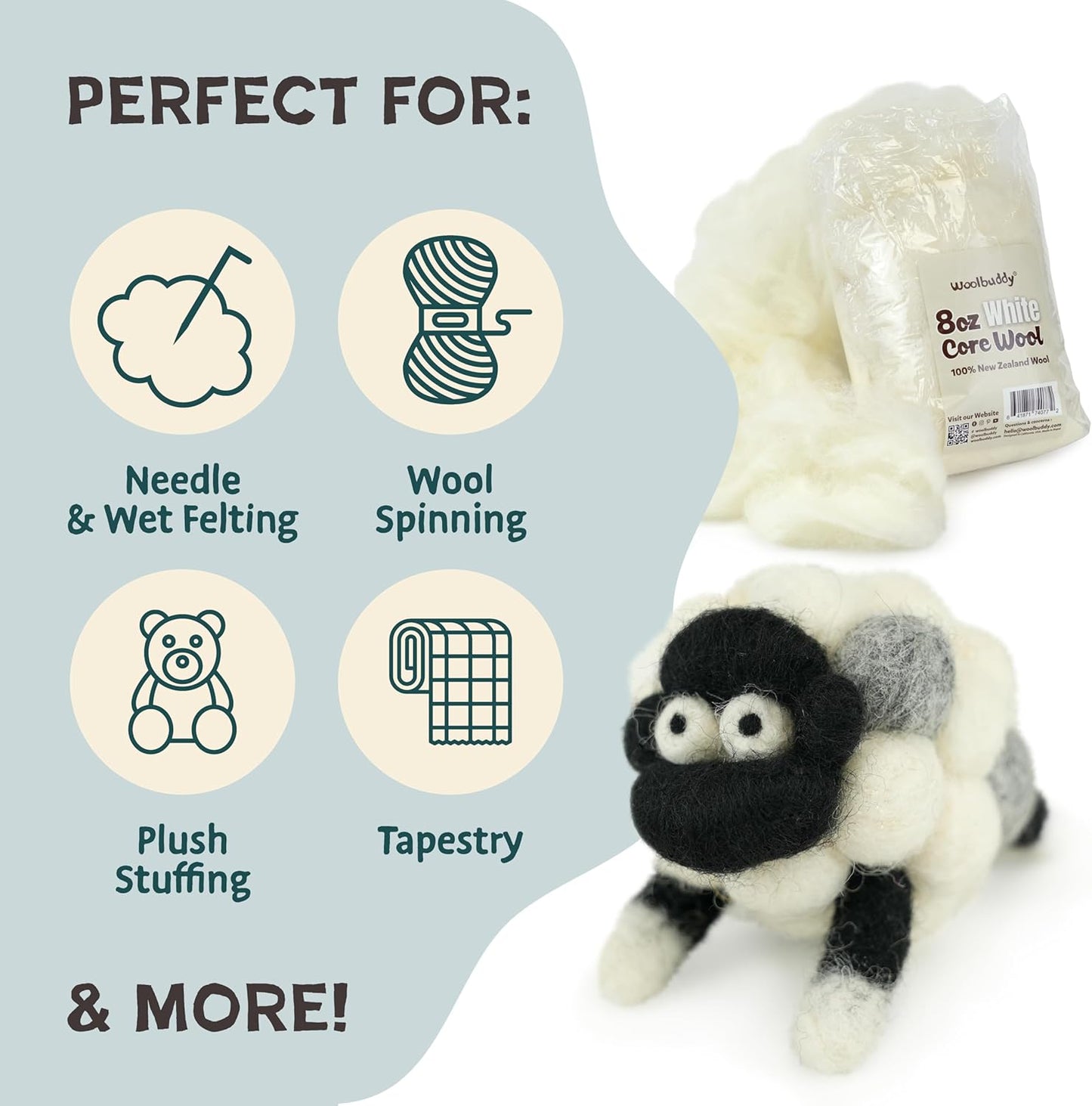 Woolbuddy Wool Felting Core Wool – Handmade Carded White for Needle & Wet Felting, Dryer Balls, Craft Pads & Chunky Yarn (8oz)