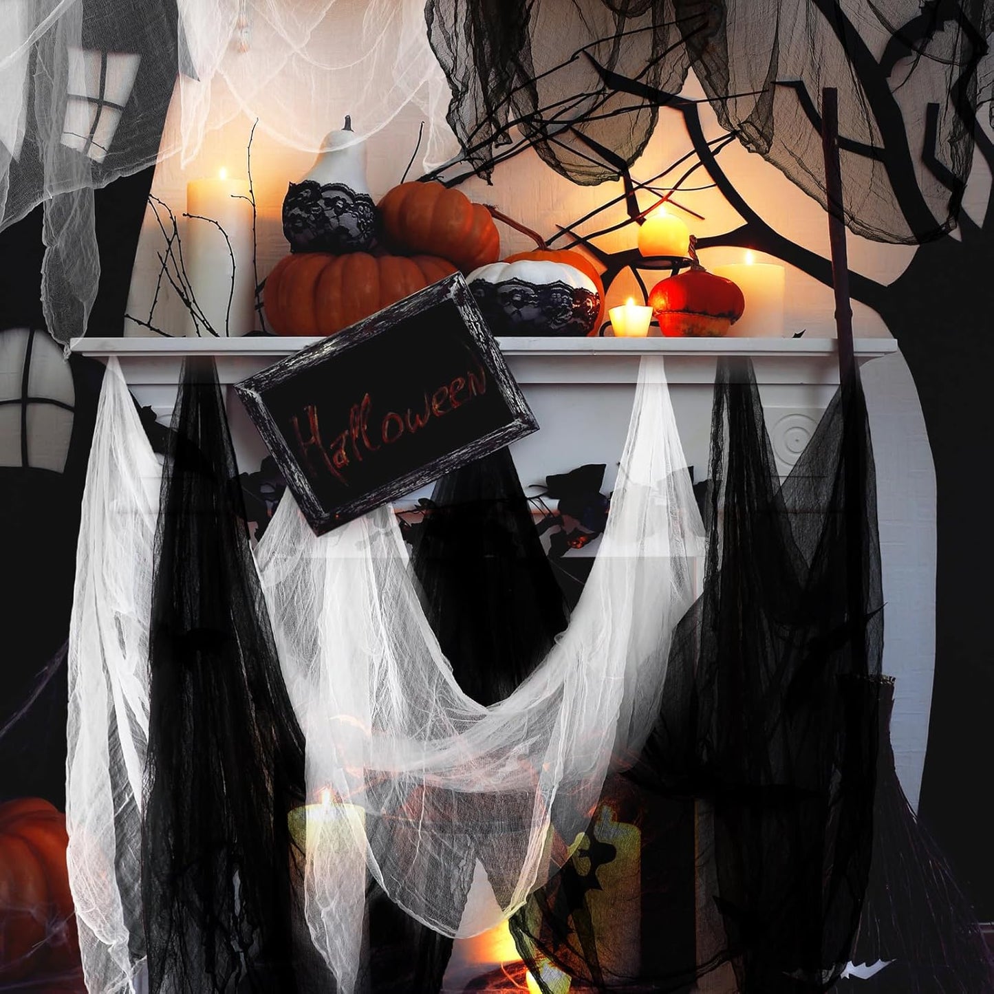Boao Halloween Cheese cloth 84.65 x 295.28 Inch White Black Cheesecloth Roll for Crafts Large Cotton Muslin Gauze Fabric for Halloween Outdoor & Indoor Spooky Decoration