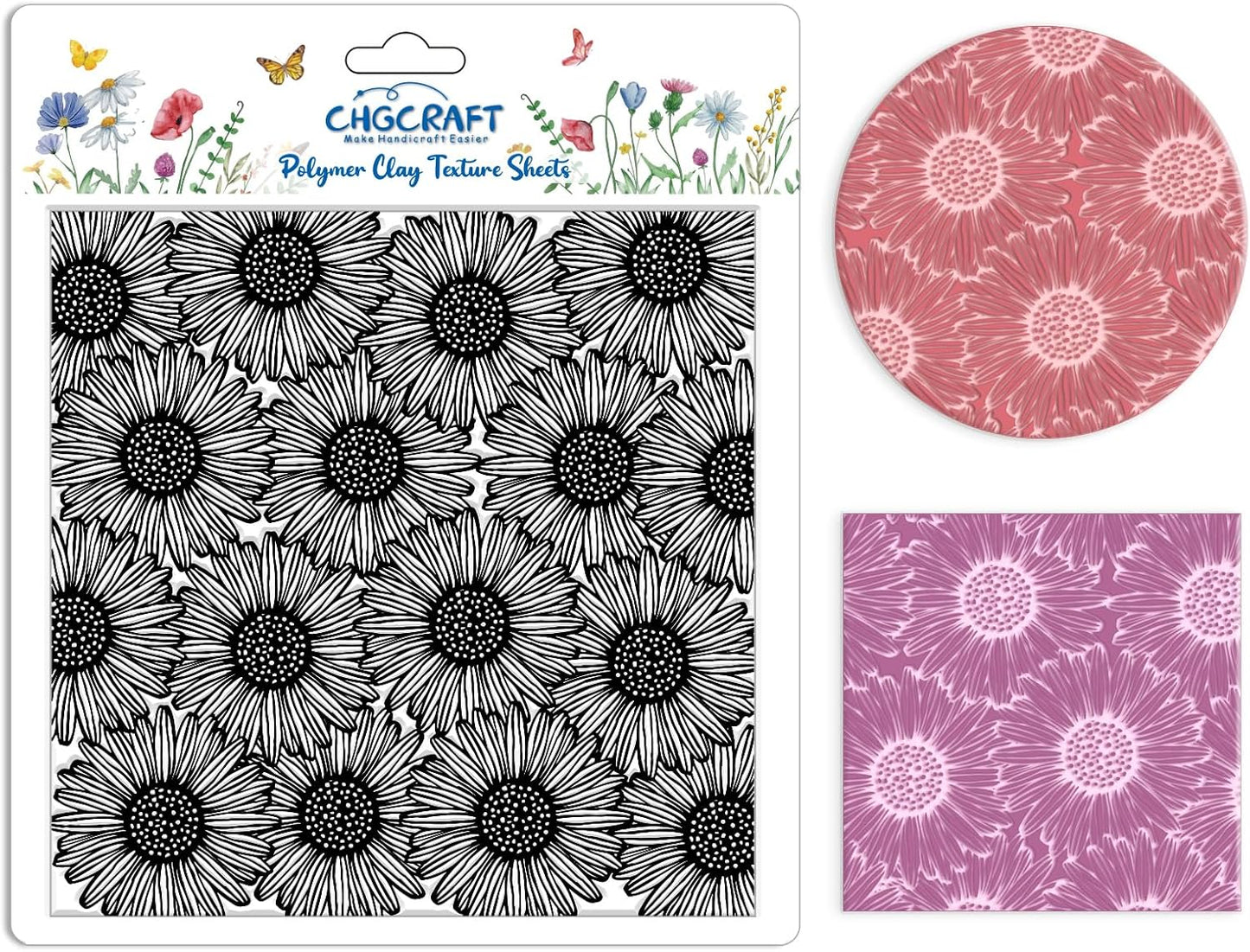 CHGCRAFT Wishing Flowers Polymer Clay Texture Sheets Silicone Texture Stamp Clay Texture Mat Modeling Pattern Pad Texture Sheets for Jewelry and Clay Earrings Tools, 5.5x5.5 inch