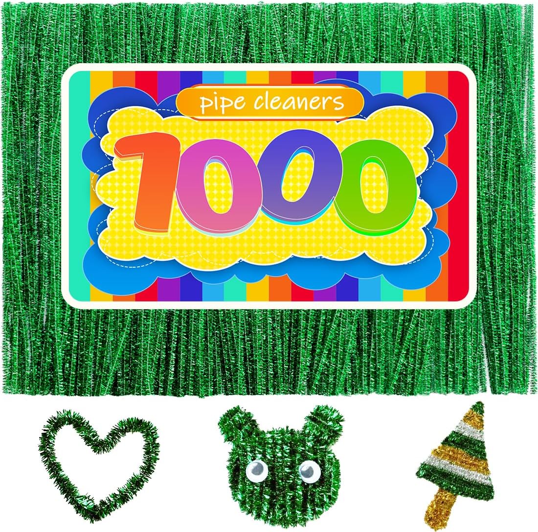 GAGANIU 1000pcs Pipe Cleaners, Pipe Cleaners for Crafts, Craft Supplies Multicolor Chenille Stems for Art&Craft Christmas DIY Projects(Green Glitter)