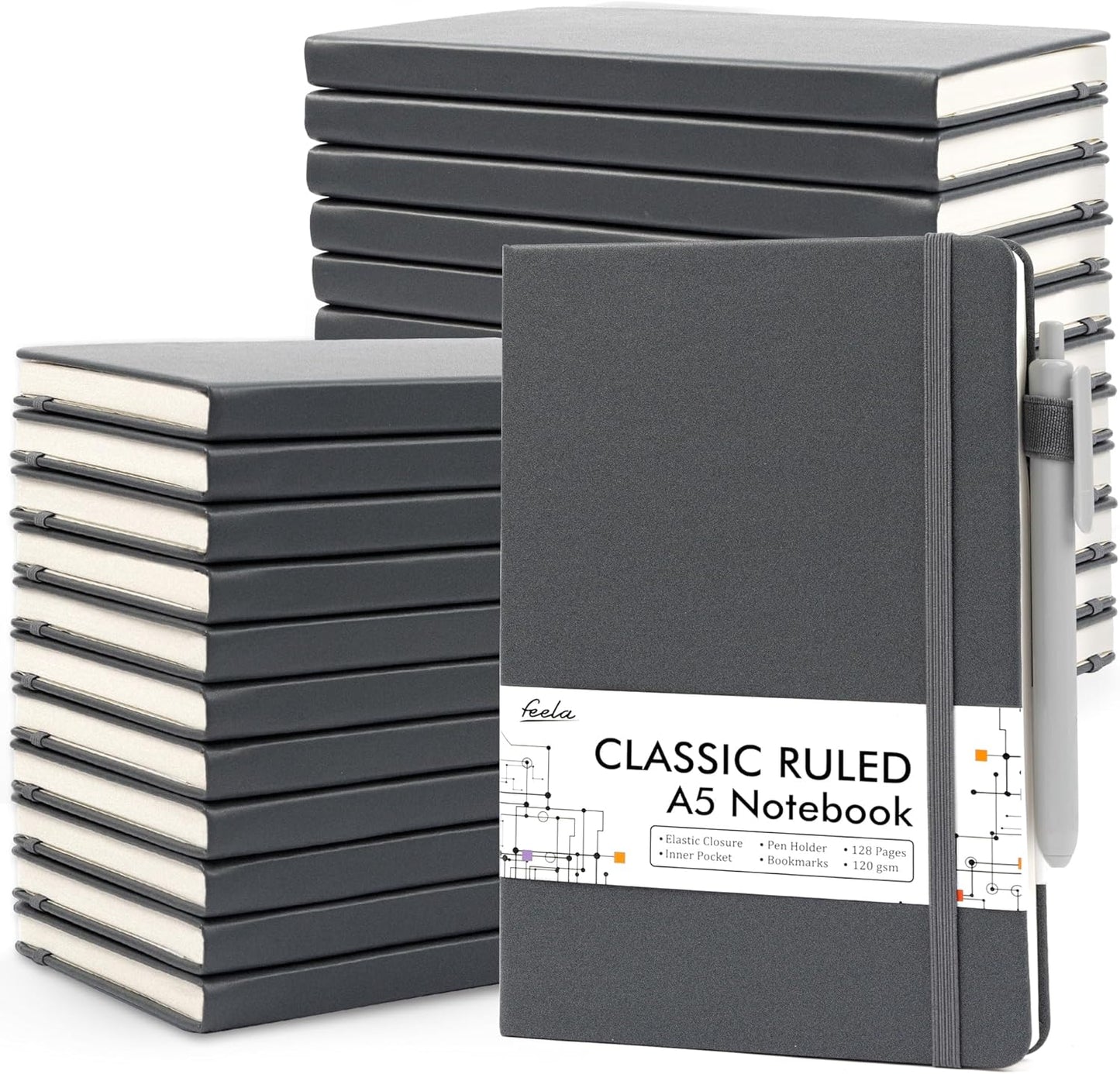 feela 24 Pack Journal Notebook for Work, Business Notebook Bulk Hardcover Lined Writing Journal with Pen Holder for Men Women Note Taking, with 24 Black Pens, 120 GSM, 5.1”x8.3”, A5, Gray