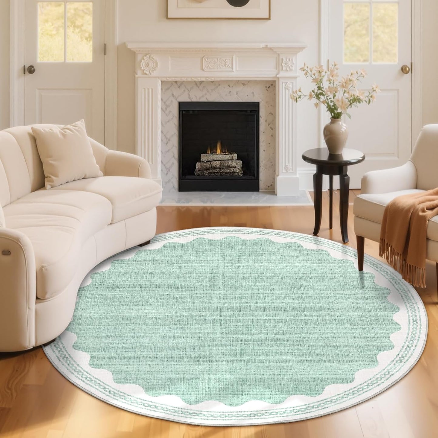 Scalloped Round Rug 6ft, Small Area Rugs Solid GreenRug for Bedroom Girls, Washable Rugs for Living Room, Non Slip Scalloped Round Bath Mat, Soft Dorm Nursery Carpet for Bedside
