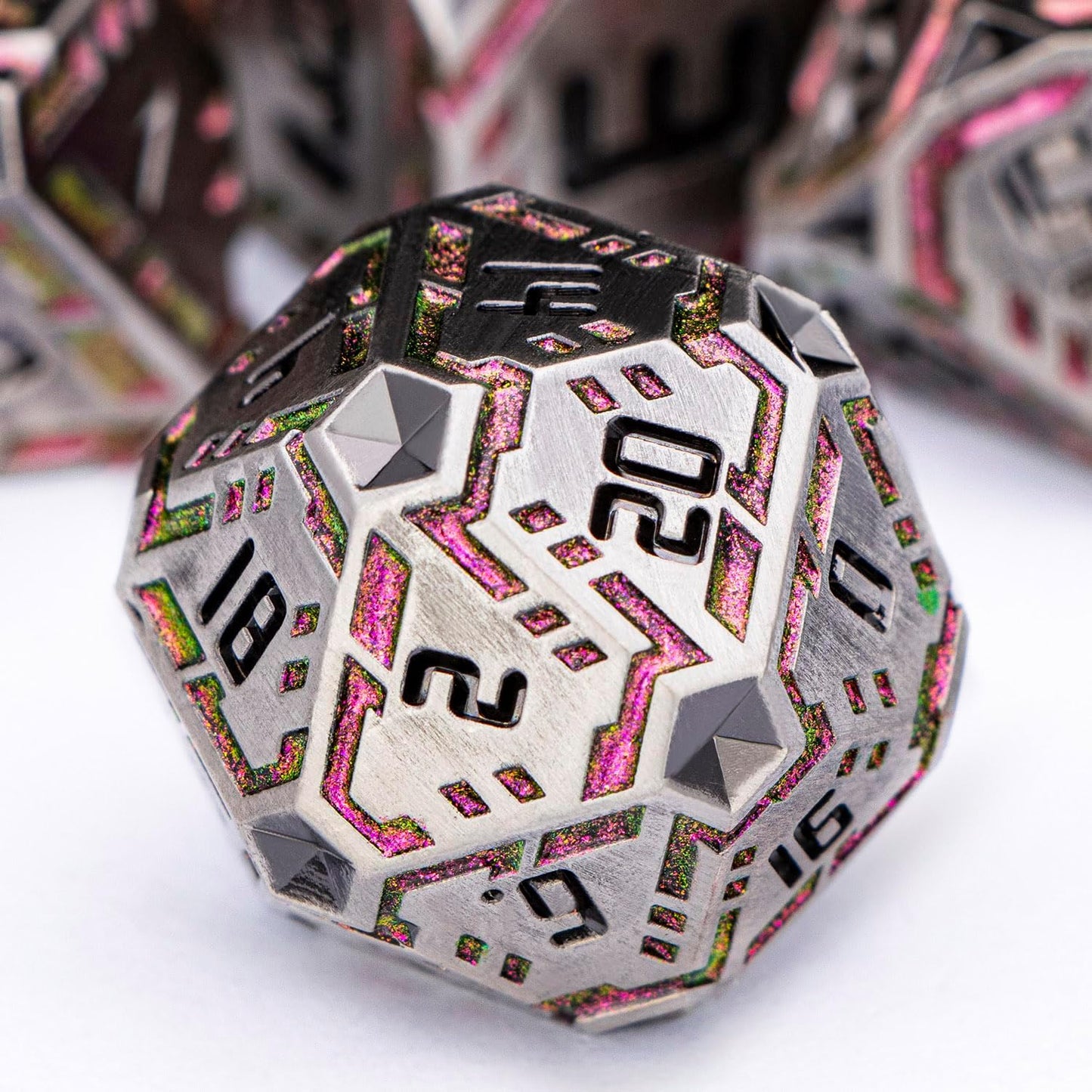 Metal DND Sci-fi Dice Set 7PCS Stripe Polyhedral Dice for Dungeons Dragons RPG Role Playing Game, Glitter D and D Dice with Gift Box D6 D8 D10 D12 D20 (Grey&Purple Red)