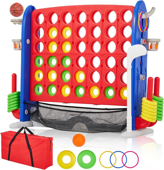 Giant 4 in a Row Game,Adjustable Height Board Jumbo 4-in-a-Row Game with Quick-Release Slider,Mini Basketball,Golf & Ring Toss Set for Family Party, Outdoor & Indoor