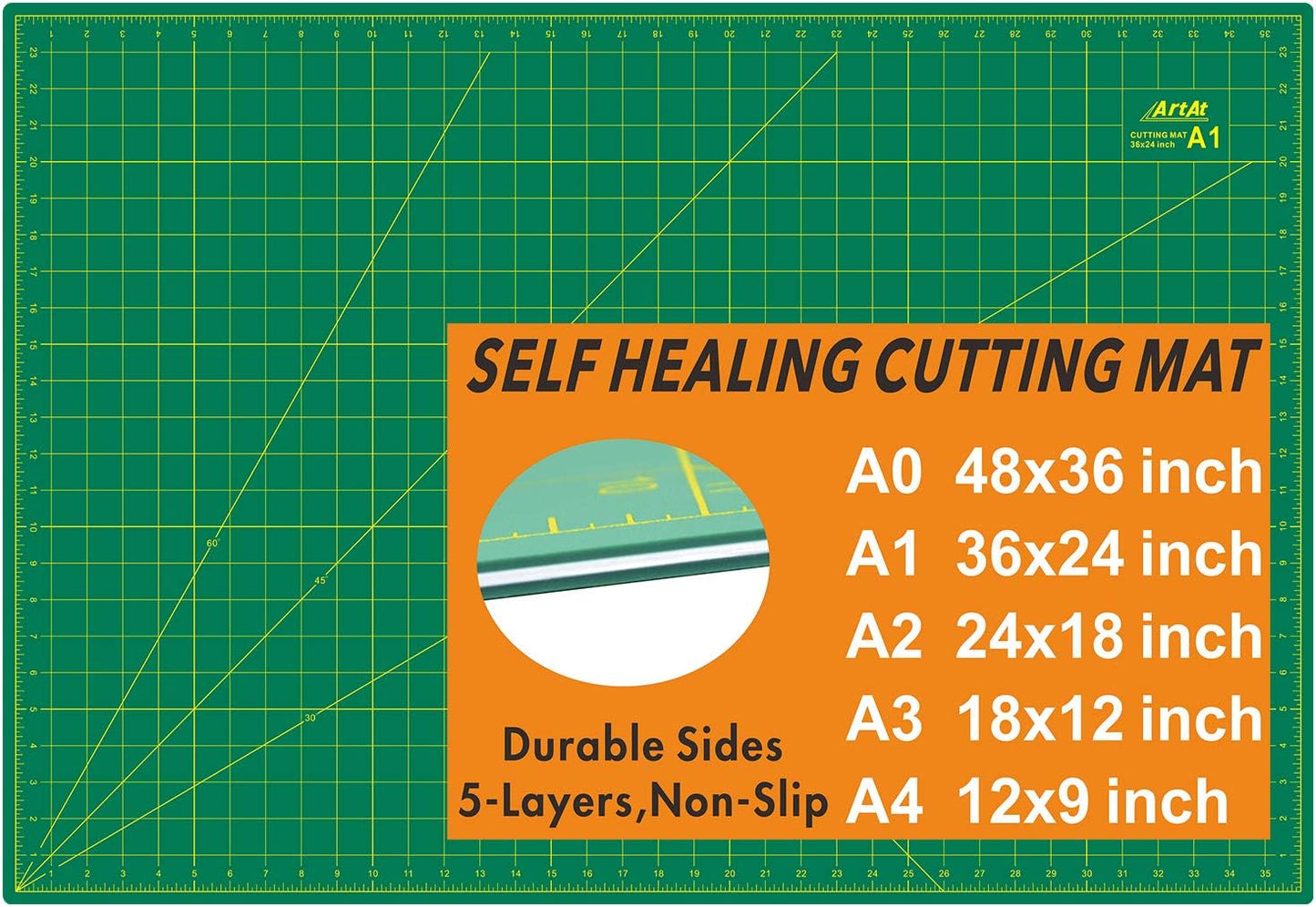 ArtAt Self Healing Cutting Mat: 24 x 36 inch Green Large 5-Ply Double-Sided Durable Non-Slip PVC Cutting Mat for Sewing Quilting Scrapbooking Art & Crafts projects…