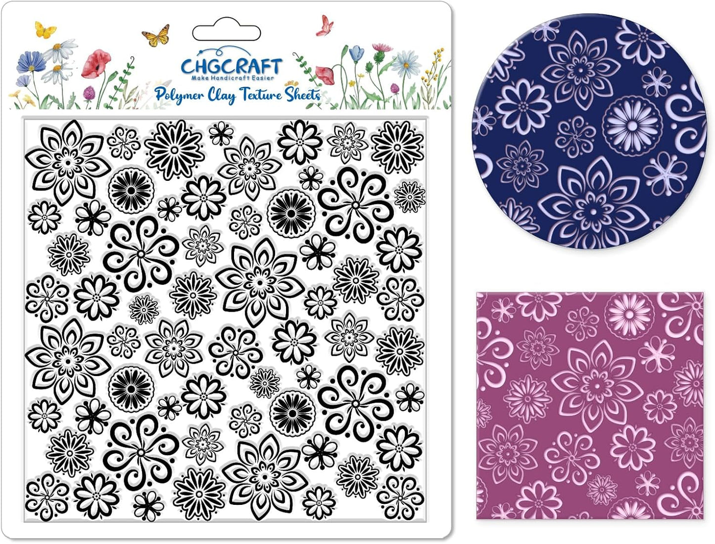 CHGCRAFT Lace Flowers Polymer Clay Texture Sheets Geometric Flowers Silicone Texture Stamp Clay Texture Mat Modeling Pattern Pad Texture Sheets for Jewelry and Clay Earrings Tools, 5.5x5.5 inch